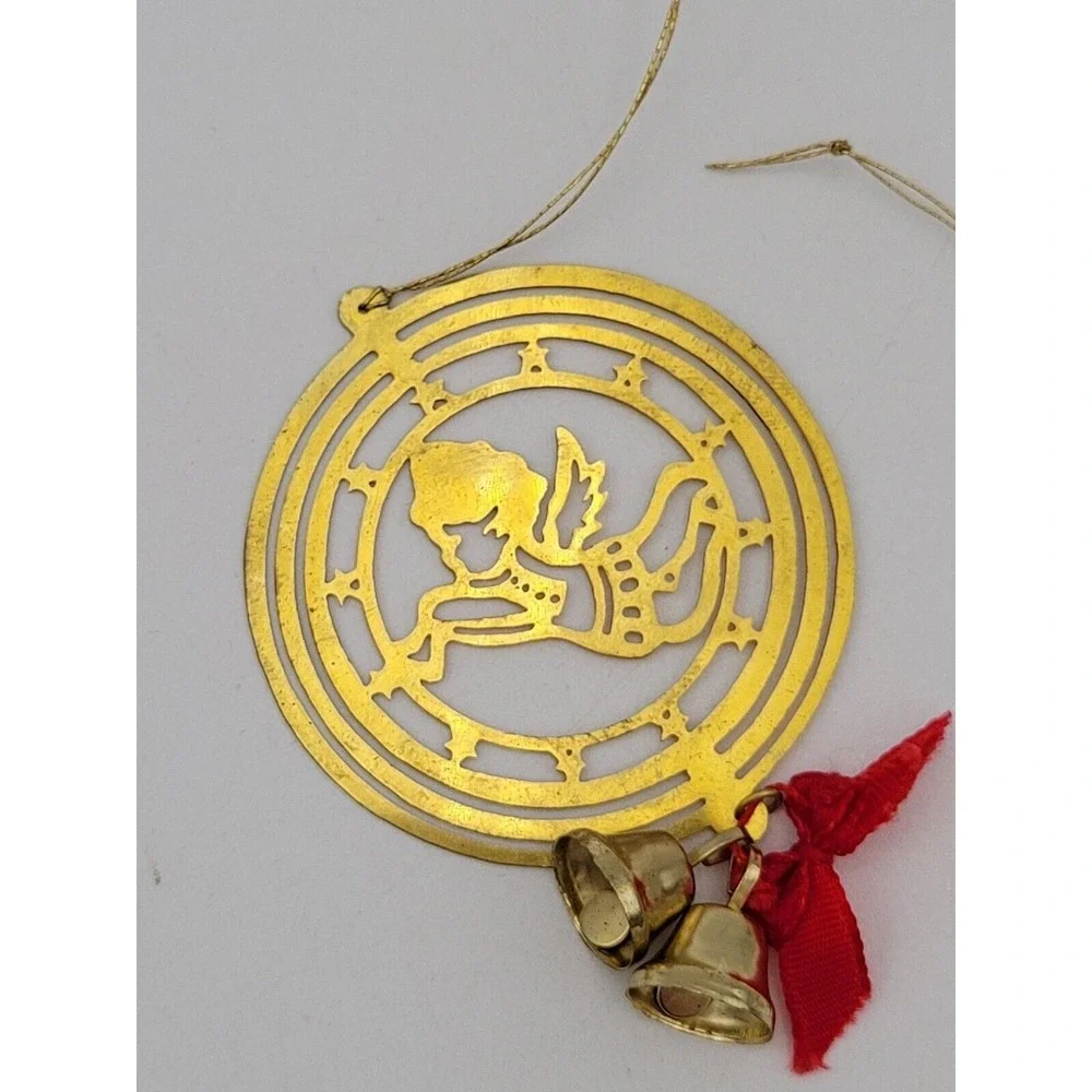 Lot of 3 Vintage Gold Tone Flat Metal‎ Christmas Ornaments With Bells